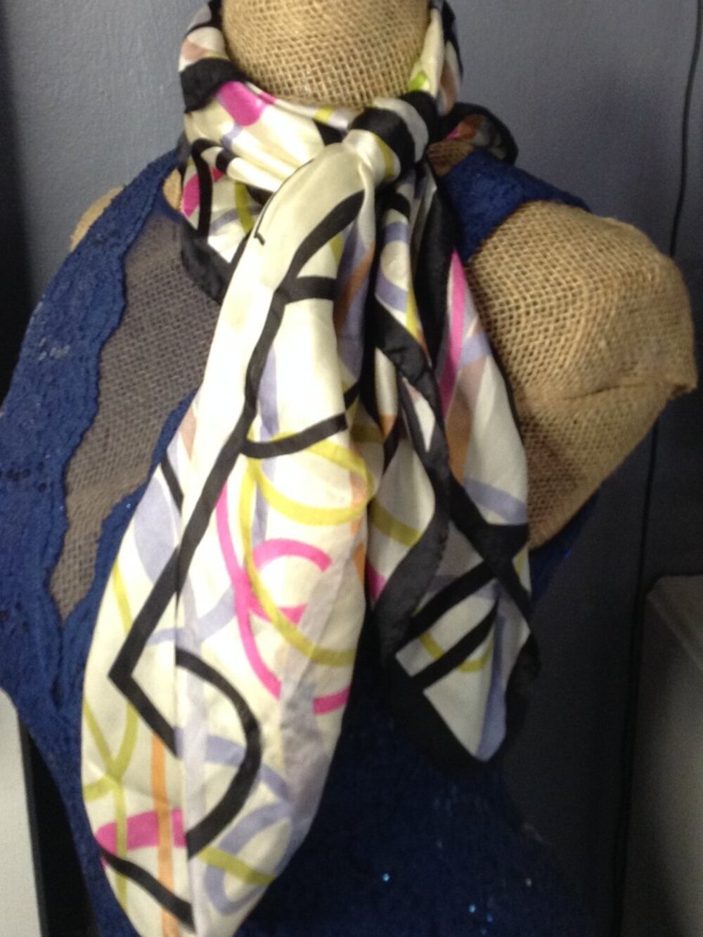 VTG 80's Boutique Silk Square Floral Scarf Black Trim Avant Garde Quiet Lux Chic